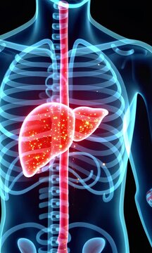 A medical futuristic 3d x-ray high detailed video of a liver in semi translucent human body, illuminated with neon light
