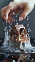Hand over Miniature House with Water Droplets, Insurance Concept, Flood or Rain Damage