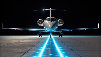 A sleek private jet illuminated by blue lights, positioned on a runway against a dark backdrop, showcasing modern aviation design.