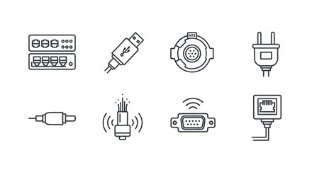 Set of electrical connectors and adapters in a hand-drawn sketch style for technical designs vector