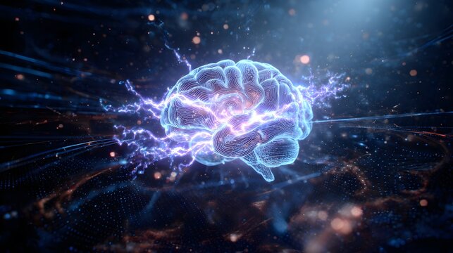 Glowing brain structure emits electric energy in abstract digital space.