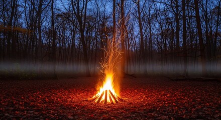 Burning campfire in dark forest with orange flames and sparks at night