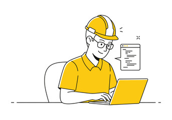 An engineer or architect with a laptop and hardhat is working at a construction site
