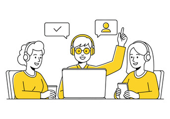 Cartoon vector illustration of a girl working on a laptop in an office setting