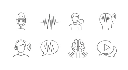 Collection of hand drawn icons representing audio recording communication and brain activity vector