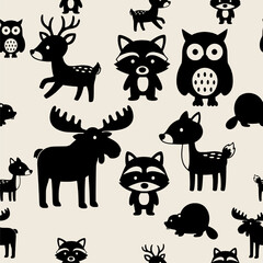 Obraz premium Beige and Black Forest Animal Seamless Pattern with Wild Creatures