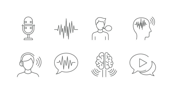 Collection of hand drawn icons representing audio recording communication and brain activity vector