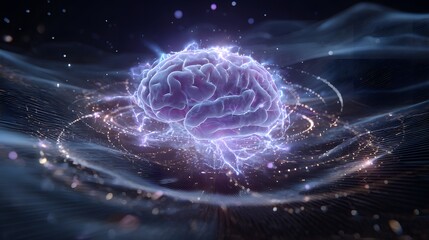 A glowing brain with electric sparks and digital waves creates a sense of thought.
