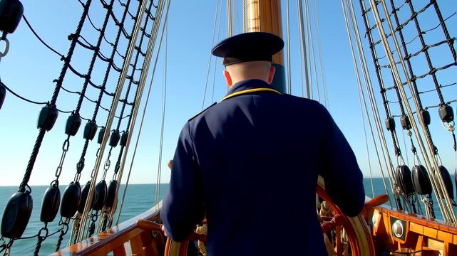 Sailor at the helm of a tall ship