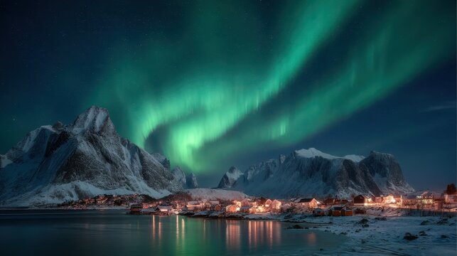 Northern lights over snowy Scandinavian fishing village and fjord in winter night with starry sky

