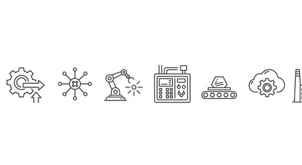 Collection of outline icons representing technology innovation and future concepts in a row vector