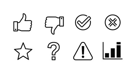 Hand drawn social media icons set thumbs up down checkmark star question mark warning chart vector