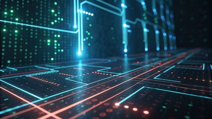 A futuristic digital landscape featuring glowing circuit lines and data streams in various colors.
