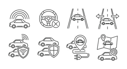 Autonomous driving icons representing navigation safety technology and electric charging solutions vector