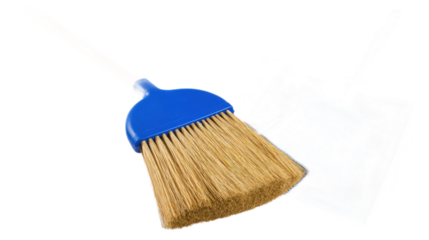 Blue broom and dustpan set for cleaning tasks on a white background, ideal for household and commercial use in various settings