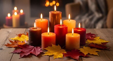Burning candles with autumn leaves creating warm ambient indoors