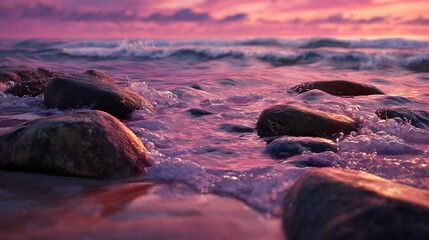 Obraz premium Beautiful pink sunset ocean waves crashing on rocks landscape scenic seascape nature photography travel beach