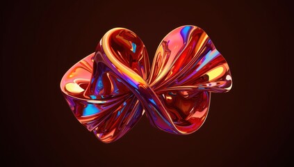 Abstract iridescent knot with colorful reflections on a dark brown background