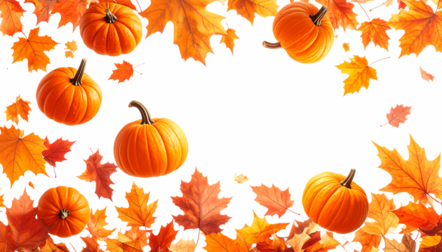 秋の空気に漂うかぼちゃと紅葉｜背景なし・透過PNG・コピースペース