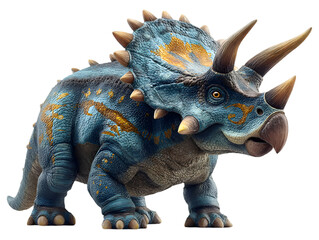 Fototapeta premium A colorful triceratops dinosaur with blue and gold skin stands proudly against a white background showcasing its formidable horns and frill.