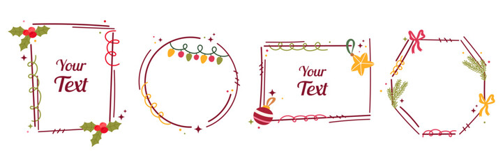 Christmas decorative frames set. Hand drawn holiday borders with holly, lights, stars and bows. Flat vector illustration for greeting cards and festive design.