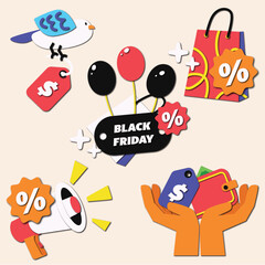 Festive Black Friday Vector Illustration of Deals, Balloons and Bird