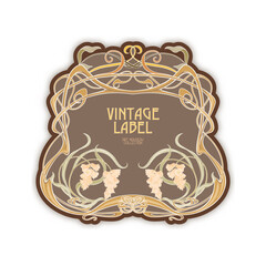 Decorative flowers and leaves in art nouveau style, vintage, old, retro style. Border, frame, template for product label, cosmetic packaging. Easy to edit. Vector illustration.