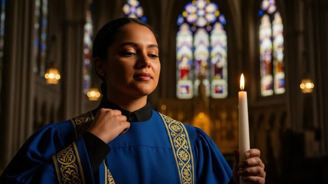Woman in blue choir robe holding candle in church with stained glass windows