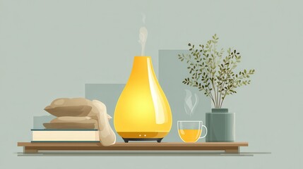 Mindful Breathing Lamp: Bedside nightstand scene with smart breathing lamp displaying slow inhale-exhale light patterns alongside sleep journal and herbal tea in serene bedroom setting  
