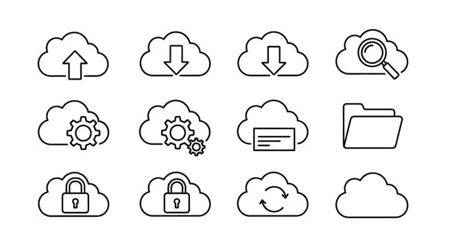 Collection of cloud computing icons representing data storage security and operations for digital services vector
