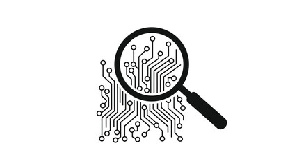 Magnifying glass inspecting intricate electronic circuit board pathways for digital technology analysis vector