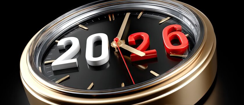 Countdown clock showing the year 2026 near the midnight hour with golden casing and distinct red and white numerals atop a black background