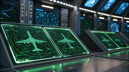 A futuristic control room displaying radar screens with aircraft symbols and digital interfaces, highlighting advanced technology in aviation.