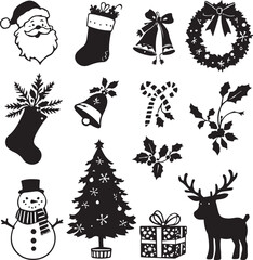 Christmas icon set in black silhouette style with Santa, tree, bells, holly, snowman, and festive elements for holiday designs