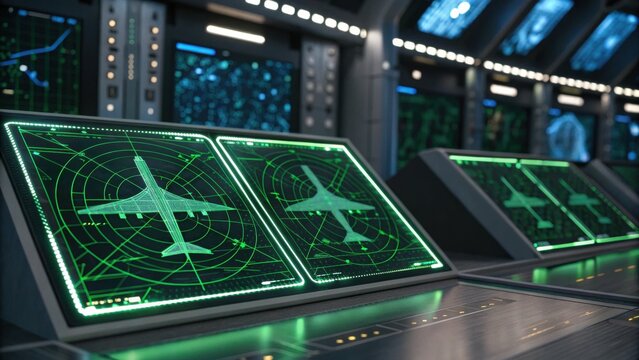 A futuristic control room displaying radar screens with aircraft symbols and digital interfaces, highlighting advanced technology in aviation.