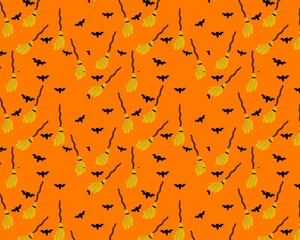 Orange Seamless Halloween Pattern with Flying Bats and Witch Brooms