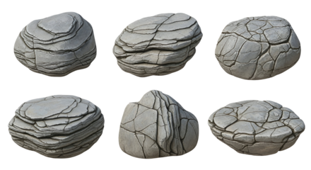 Collection of six textured gray rocks with visible layers and cracks, isolated on transparent background