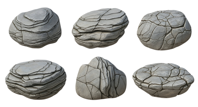 Collection of six textured gray rocks with visible layers and cracks, isolated on transparent background