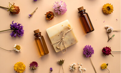 Top view of handmade soap bars and essential oils surrounded by dried flowers, organic skincare concept