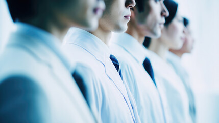 白衣とスーツの専門職チームが並ぶ信頼と協力のイメージ