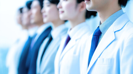 白衣とスーツの専門職チームが並ぶ信頼と協力のイメージ