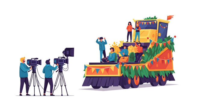 Filming a Festive Parade Float Vector Illustration of Festive Event