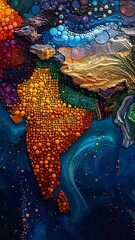 Artistic depiction of a world map, vibrant and textured, abstract