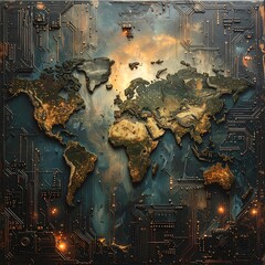 Artistic depiction of a world map fused with a circuit board design