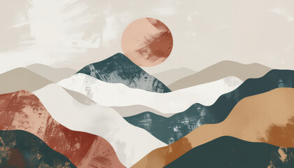 Abstract mountain landscape with layered peaks in blue, brown, and white tones, featuring a textured red sun and grid overlay. Minimalist composition with depth and warm, earthy palette.