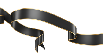 Elegant black ribbon with gold trim, isolated on transparent background