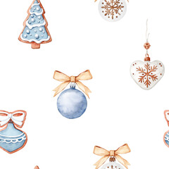 Dusty Blue and Gold Christmas Ornament Seamless Pattern