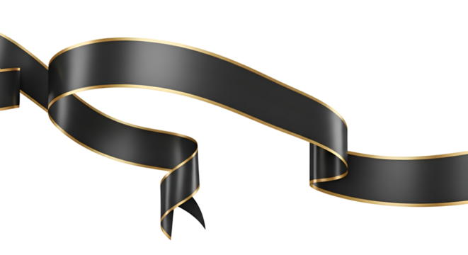 Elegant black ribbon with gold trim, isolated on transparent background