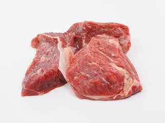 Raw Beef Chunks on White Background for Kitchen, Butchery, and Cooking Imagery