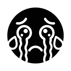 Black Crying Face Emoji Icon with Teardrops on White Background